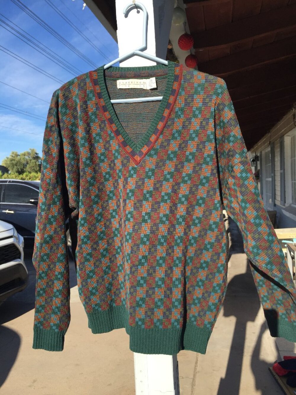 Vtg 90s CROSSINGS Fine Line 100% Cotton V-Neck Sweater - Made in USA - Large